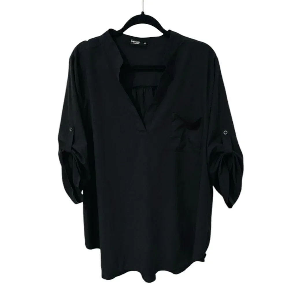 SHEIN Curve Women's V-Neck Tunic Blouse Roll Tab Sleeves Casual (4XL) Black